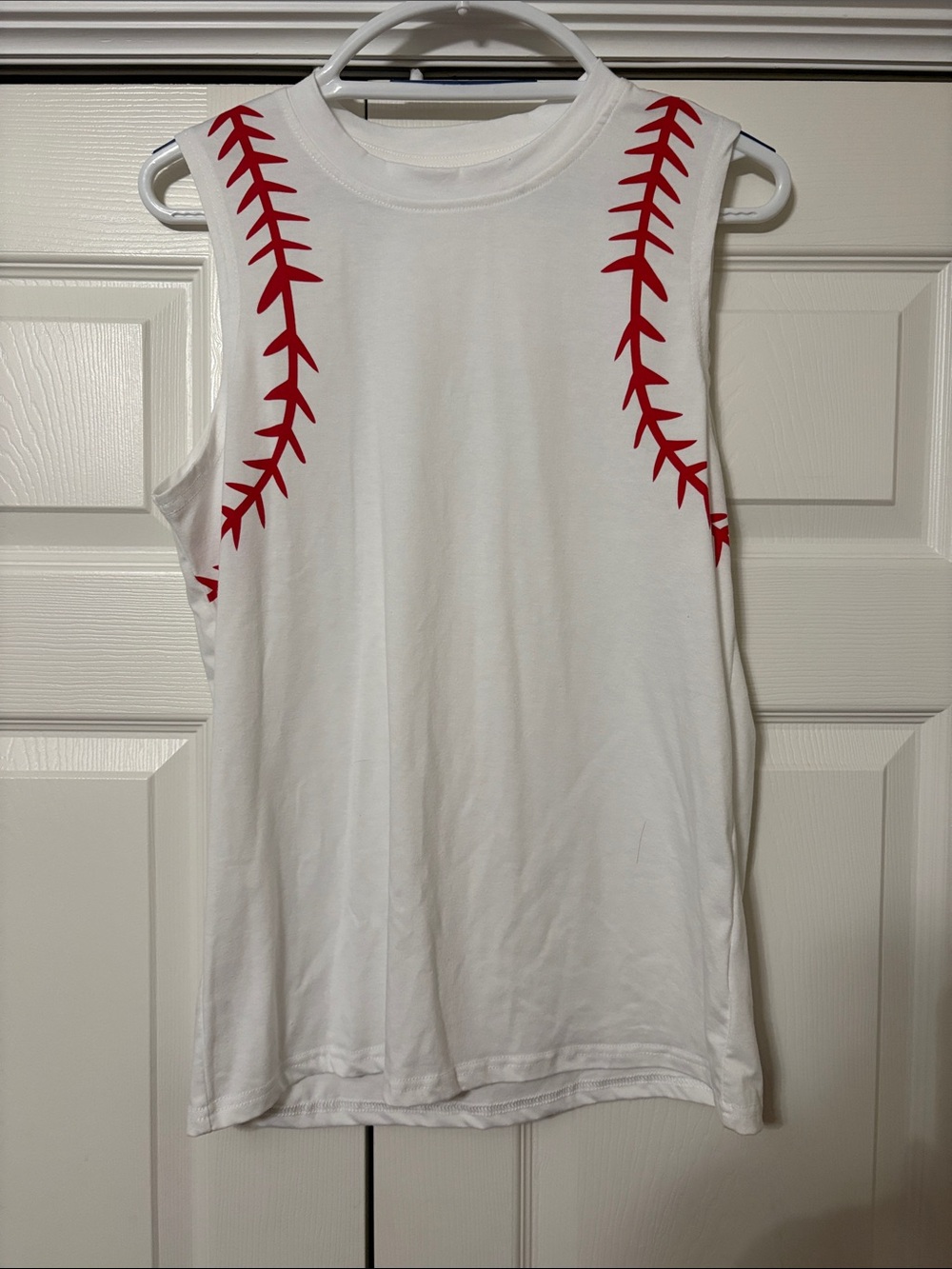 Women’s White Sleeveless Baseball Stitch Tank Top - Red Stitch Detail